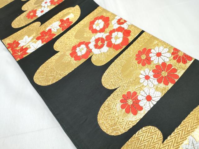 平和屋着物[]女の子　子供　全通柄袋帯　エ霞花文　黒地　金糸　逸品　DABE7479ma