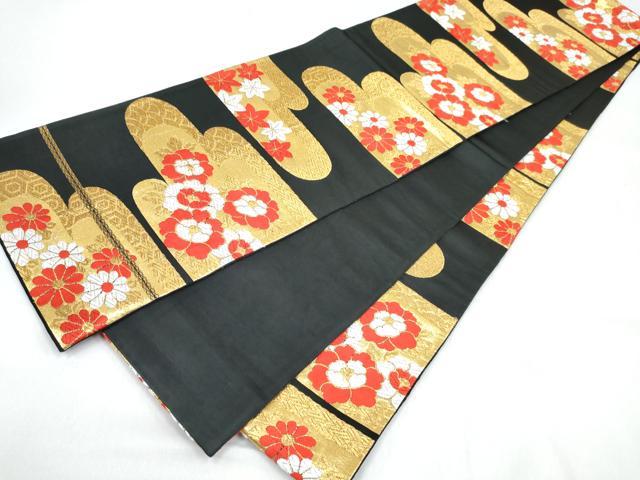 平和屋着物[]女の子　子供　全通柄袋帯　エ霞花文　黒地　金糸　逸品　DABE7479ma