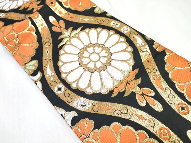 平和屋着物[]女の子　子供　丸帯　立涌花文　黒地　金糸　逸品　DABE7483ma