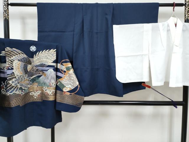 平和屋着物[]七五三　男の子　祝着・羽織・長襦袢(単衣)セット　鷹　鷲　エ霞風景花文　金彩　DABE7515ma