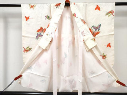 平和屋着物[]七五三　女の子　３歳　祝着　三つ身　長襦袢(無双仕立て・半衿刺繍)・被布セット　舞蝶文　金彩　逸品　DABE7519ma