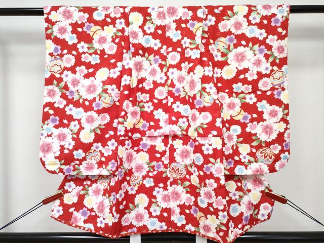 平和屋着物[]七五三　女の子　３歳　祝着　三つ身　長襦袢(単衣・半衿刺繍)・被布セット　鞠桜文　金彩　DABE7520ma