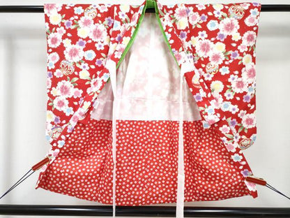 平和屋着物[]七五三　女の子　３歳　祝着　三つ身　長襦袢(単衣・半衿刺繍)・被布セット　鞠桜文　金彩　DABE7520ma