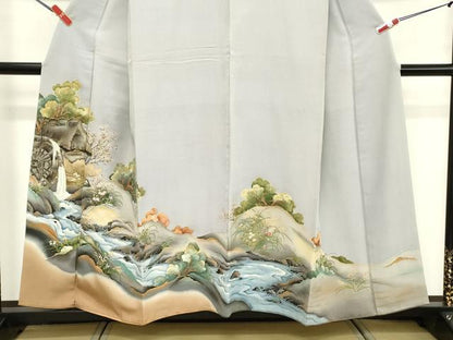 平和屋着物■豪華色留袖　手描き　駒刺繍　風景文　暈し染め　金彩　正絹　逸品　DABE7654cd