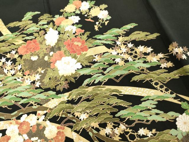平和屋着物■豪華黒留袖　草花文　金彩　正絹　逸品　DABE7658cd