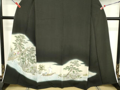 平和屋着物■豪華黒留袖　手描き　舟　暈し染め　正絹　逸品　DABE7659cd