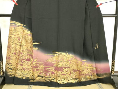 平和屋着物■豪華黒留袖 流水風景文 暈し染め 金彩 正絹 逸品 DABE7707cd