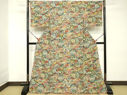 平和屋着物■上質な小紋 型染め 絵皿風景文 鬼しぼ縮緬 ロング丈 正絹 逸品 DABE7719cd