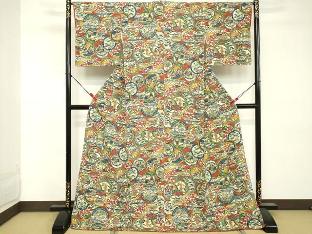 平和屋着物■上質な小紋 型染め 絵皿風景文 鬼しぼ縮緬 ロング丈 正絹 逸品 DABE7719cd
