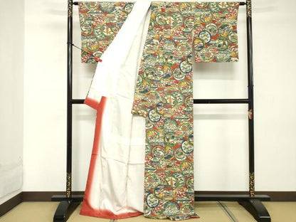 平和屋着物■上質な小紋 型染め 絵皿風景文 鬼しぼ縮緬 ロング丈 正絹 逸品 DABE7719cd
