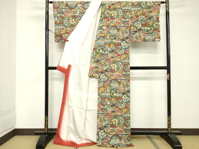 平和屋着物■上質な小紋 型染め 絵皿風景文 鬼しぼ縮緬 ロング丈 正絹 逸品 DABE7719cd
