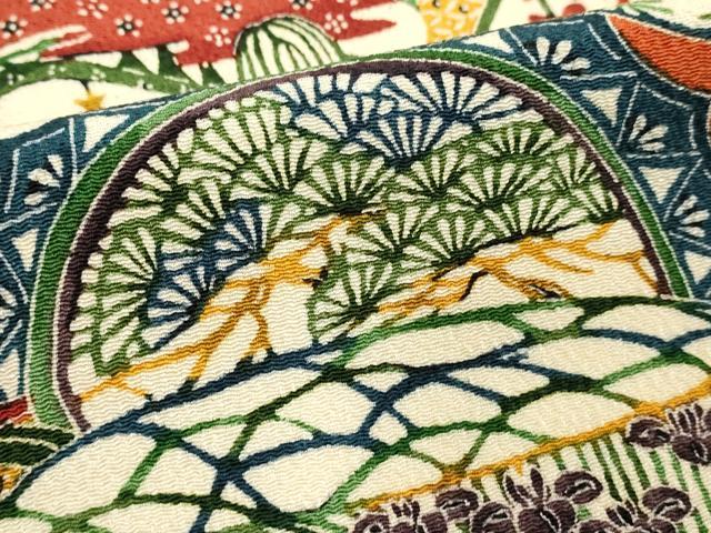 平和屋着物■上質な小紋 型染め 絵皿風景文 鬼しぼ縮緬 ロング丈 正絹 逸品 DABE7719cd