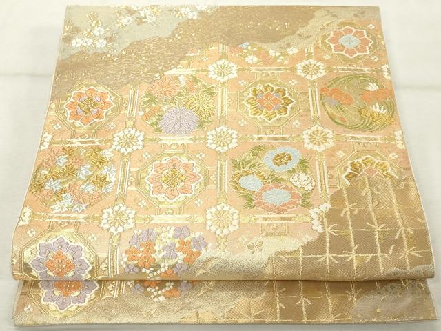 平和屋着物●西陣　服部織物謹製　六通柄袋帯　唐織　花唐草文　金糸　正絹　逸品　DABE1164op 平和屋着物◎西陣 服部織物謹製 六通柄袋帯 横段更紗花唐草文 こはく錦