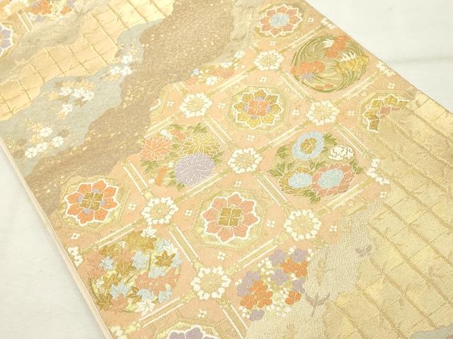 平和屋着物●西陣　服部織物謹製　六通柄袋帯　唐織　花唐草文　金糸　正絹　逸品　DABE1164op 平和屋着物◎西陣 服部織物謹製 六通柄袋帯 横段更紗花唐草文 こはく錦