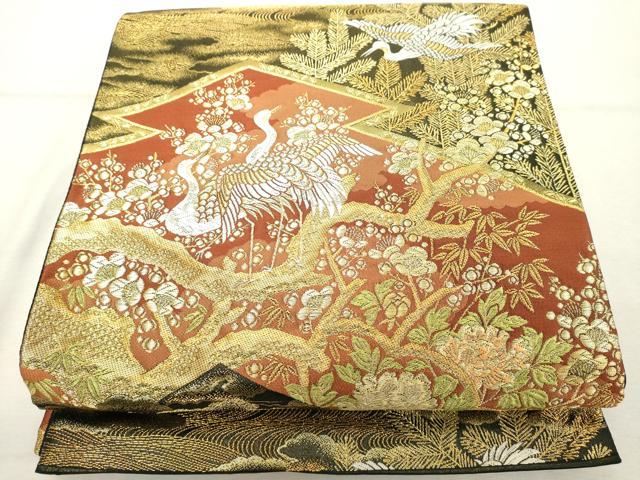 平和屋着物◎六通柄袋帯 唐織 蒔絵瑞鶴文 金糸 正絹 逸品 DABE7853cd
