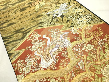 平和屋着物◎六通柄袋帯 唐織 蒔絵瑞鶴文 金糸 正絹 逸品 DABE7853cd