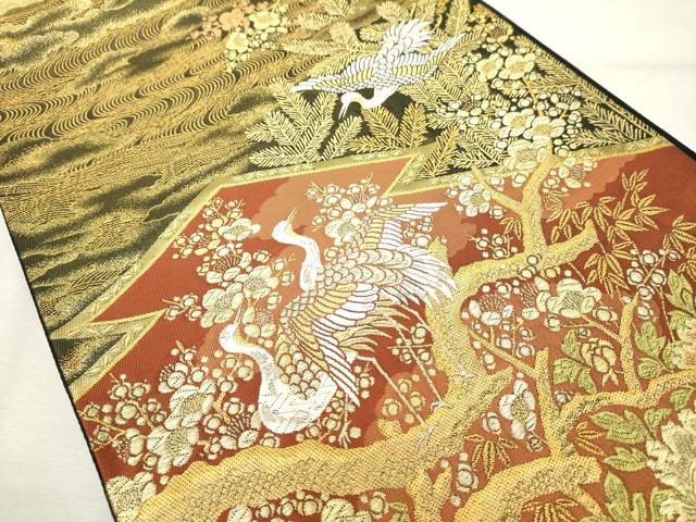 平和屋着物◎六通柄袋帯 唐織 蒔絵瑞鶴文 金糸 正絹 逸品 DABE7853cd