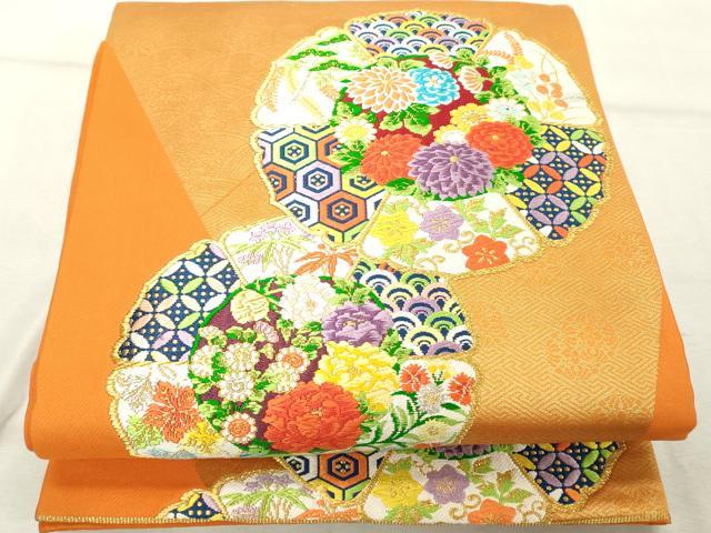 平和屋着物◎六通柄袋帯 唐織 花絵皿文 金糸 正絹 逸品 DABE7870cd