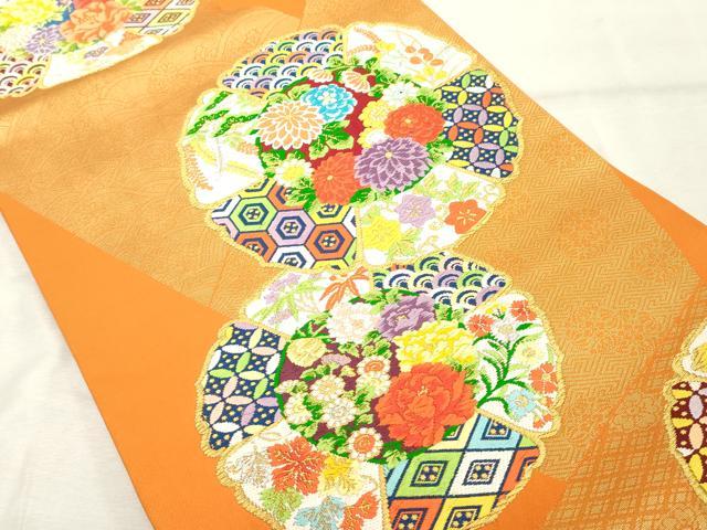 平和屋着物◎六通柄袋帯 唐織 花絵皿文 金糸 正絹 逸品 DABE7870cd