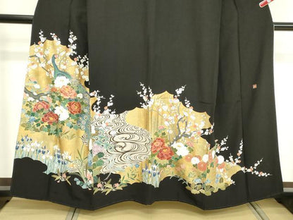 平和屋着物■豪華黒留袖 作家物 駒刺繍 孔雀花文 金彩 正絹 逸品 DABE7888cd