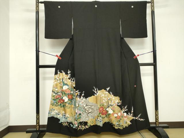 平和屋着物■豪華黒留袖 作家物 駒刺繍 孔雀花文 金彩 正絹 逸品 DABE7888cd