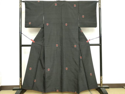 平和屋着物■上質な紬 遠州椿 黒地 正絹 逸品 DABE7989cd