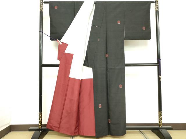 平和屋着物■上質な紬 遠州椿 黒地 正絹 逸品 DABE7989cd