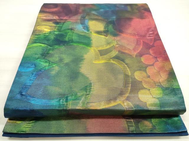 平和屋着物◎六通柄袋帯　ふくれ織　葡萄蔦の葉文　金糸　正絹　逸品　DABE8001xg