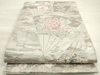 平和屋着物◎六通柄袋帯　唐織　扇面花鳥文　銀糸　正絹　逸品　DABE8002xg