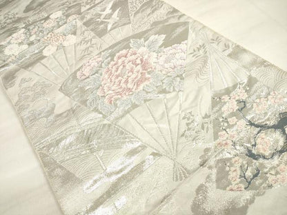 平和屋着物◎六通柄袋帯　唐織　扇面花鳥文　銀糸　正絹　逸品　DABE8002xg