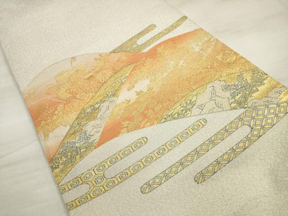 平和屋着物◎太鼓柄袋帯　明つづれ　エ霞遠山草花文　金銀糸　正絹　逸品　DABE8008xg