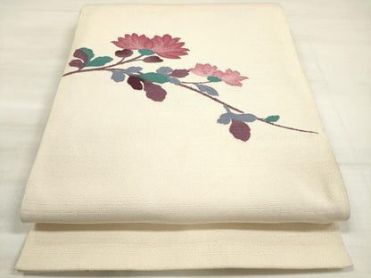 平和屋着物◎八寸名古屋帯 紬地 刺繍 草花文 正絹 逸品 DABE8021xg