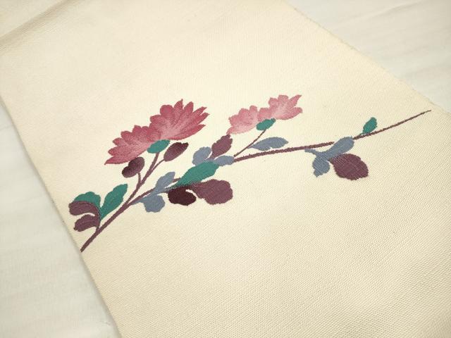 平和屋着物◎八寸名古屋帯 紬地 刺繍 草花文 正絹 逸品 DABE8021xg