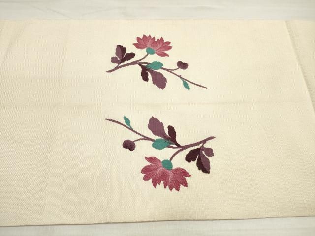 平和屋着物◎八寸名古屋帯 紬地 刺繍 草花文 正絹 逸品 DABE8021xg