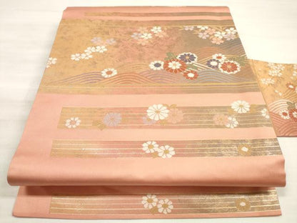 平和屋着物◎九寸名古屋帯 横段立波文 金糸 正絹 逸品 DABE8024xg