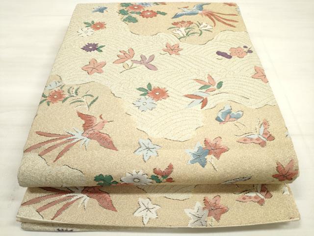 平和屋着物◎綴れ 九寸名古屋帯 立波花鳥舞蝶文 金糸 正絹 逸品 DABE8026xg