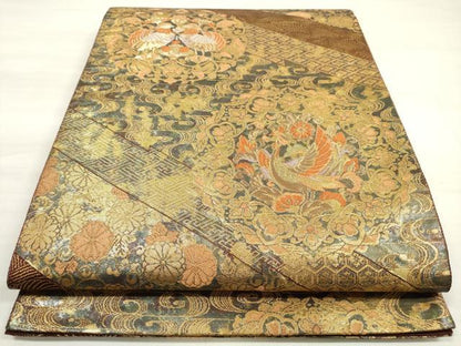 平和屋着物◎西陣 服部織物謹製 六通柄袋帯 吉祥鳳凰更紗花文 二重箔織 手工芸 こはく錦 金糸 正絹 逸品 DABE8059xg