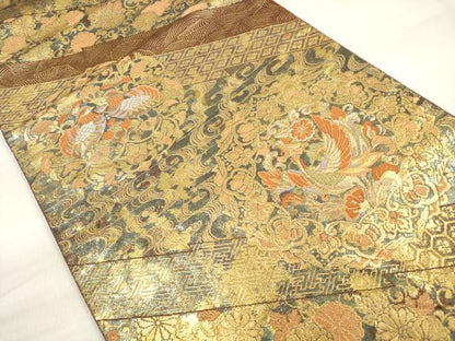 平和屋着物◎西陣 服部織物謹製 六通柄袋帯 吉祥鳳凰更紗花文 二重箔織 手工芸 こはく錦 金糸 正絹 逸品 DABE8059xg