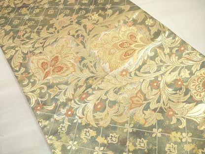 平和屋着物◎西陣 服部織物謹製 六通柄袋帯 更紗花文 二重箔織 手工芸 こはく錦 金糸 正絹 逸品 DABE8061xg