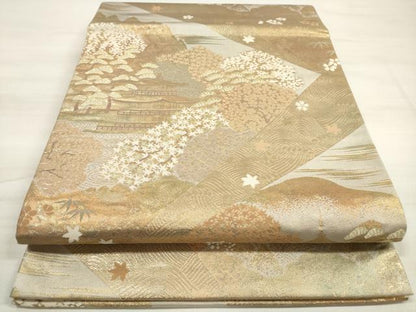 平和屋着物◎六通柄袋帯 切嵌風景文 金糸 正絹 逸品 DABE8069xg