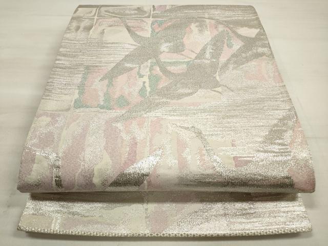 平和屋着物◎六通柄袋帯 格子飛鶴文 銀糸 正絹 逸品 DABE8074xg