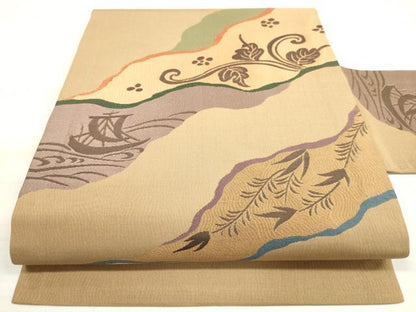 平和屋着物◎九寸名古屋帯 流水草葉文 正絹 逸品 DABE8075xg