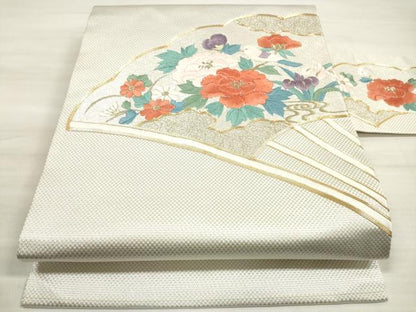 平和屋着物◎九寸名古屋帯 駒刺繍 扇面花鳥文 金銀糸 正絹 逸品 DABE807xg