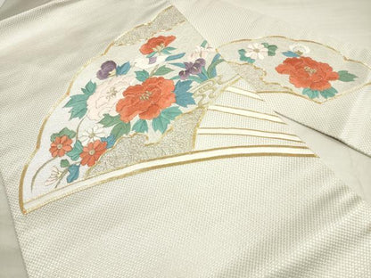 平和屋着物◎九寸名古屋帯 駒刺繍 扇面花鳥文 金銀糸 正絹 逸品 DABE807xg