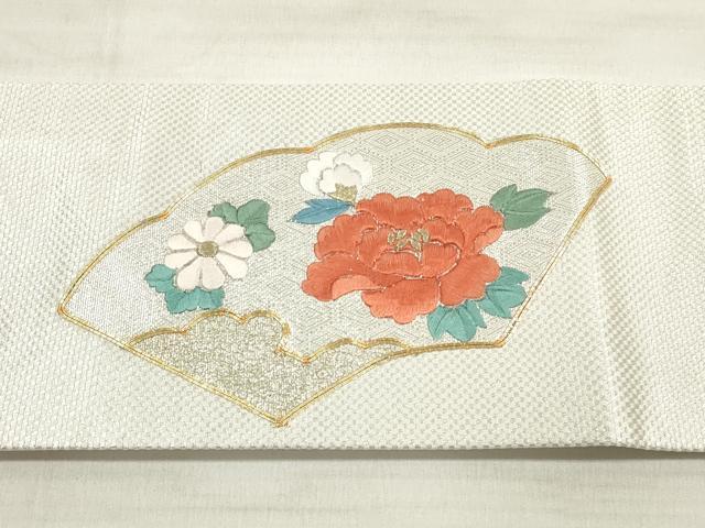平和屋着物◎九寸名古屋帯 駒刺繍 扇面花鳥文 金銀糸 正絹 逸品 DABE807xg