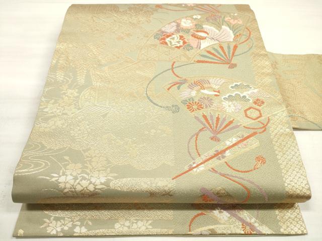 平和屋着物◎九寸名古屋帯 唐織 御所車扇面花鳥文 金糸 正絹 逸品 DABE8078xg