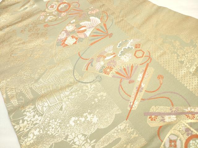 平和屋着物◎九寸名古屋帯 唐織 御所車扇面花鳥文 金糸 正絹 逸品 DABE8078xg