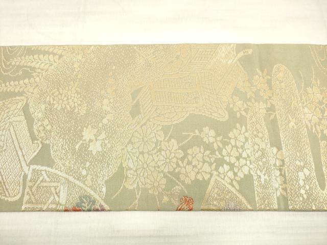 平和屋着物◎九寸名古屋帯 唐織 御所車扇面花鳥文 金糸 正絹 逸品 DABE8078xg
