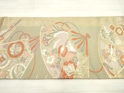 平和屋着物◎九寸名古屋帯 唐織 御所車扇面花鳥文 金糸 正絹 逸品 DABE8078xg
