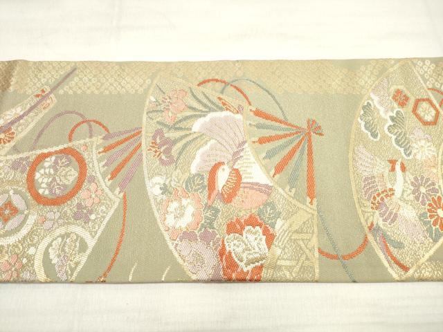 平和屋着物◎九寸名古屋帯 唐織 御所車扇面花鳥文 金糸 正絹 逸品 DABE8078xg